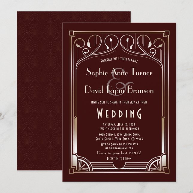 Invitation Royal Burgundy Great Gatsby Gold Art Déco Mariage (Devant / Derrière)