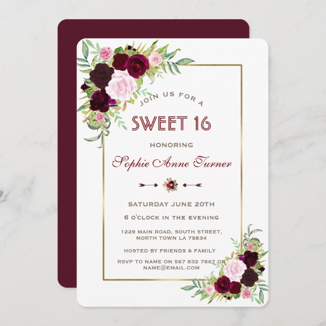 Invitation Royal Burgundy Marsala Floral Gold Sweet 16 (Devant / Derrière)