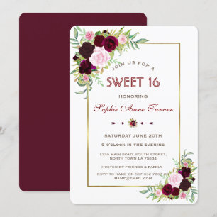 Invitation Royal Burgundy Marsala Floral Gold Sweet 16