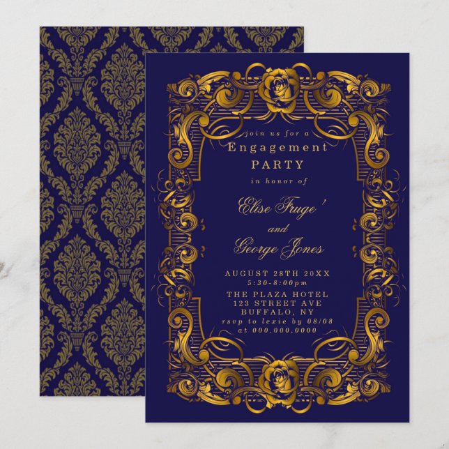 Invitation Royal Crown Blue Gold Flourds Parti d'engagement (Devant / Derrière)