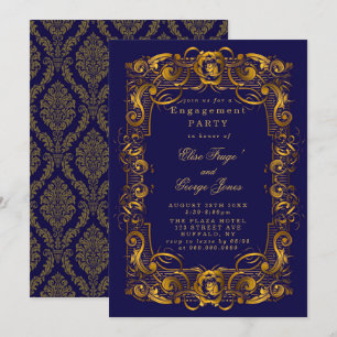 Invitation Royal Crown Blue Gold Flourds Parti d'engagement