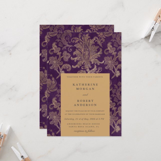 Invitation Royal Damask Gold Elegant Purple Mariage (Devant/Arrière en situation)