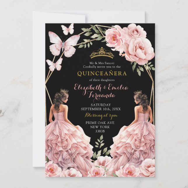 Invitation Royal Dark Blush rose jumeaux géométrique Quinceañ (Devant)