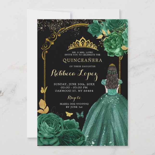 Invitation Royal Emerald Green Black Girl's Quinceañera (Devant)
