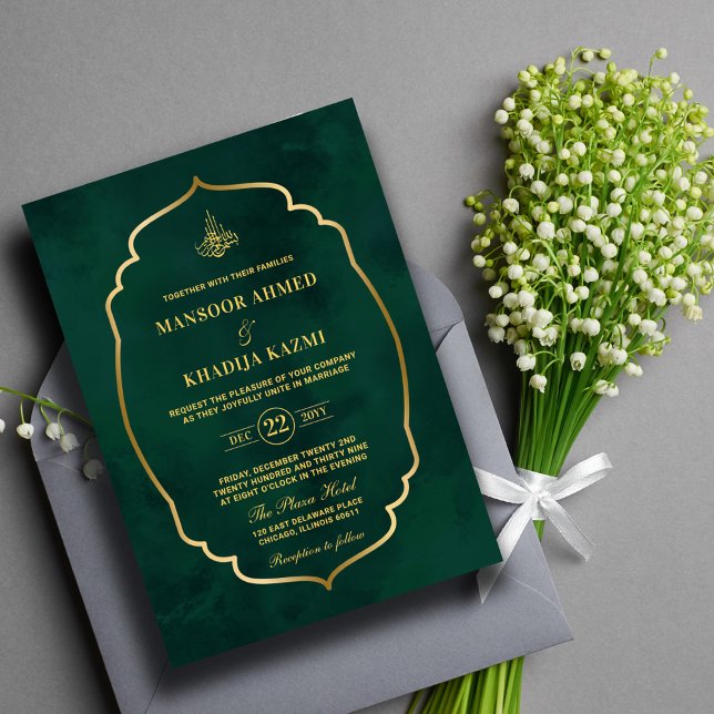 Invitation Royal Emerald Green Gold Frame Mariage islamique (Créateur téléchargé)