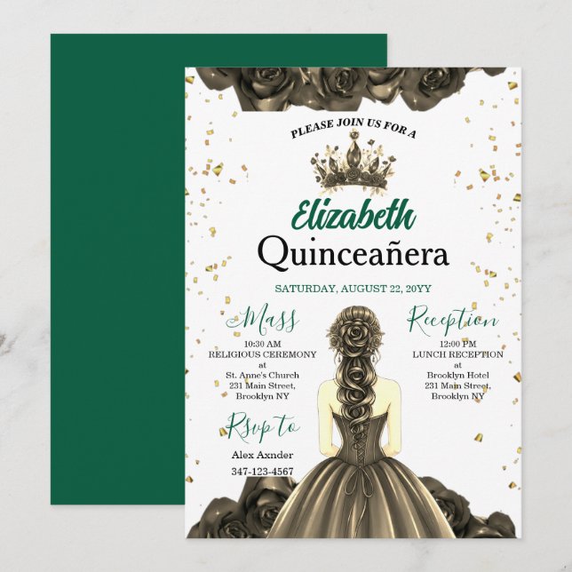 Invitation Royal Emerald Green Rose Quinceañera Invite (Devant / Derrière)