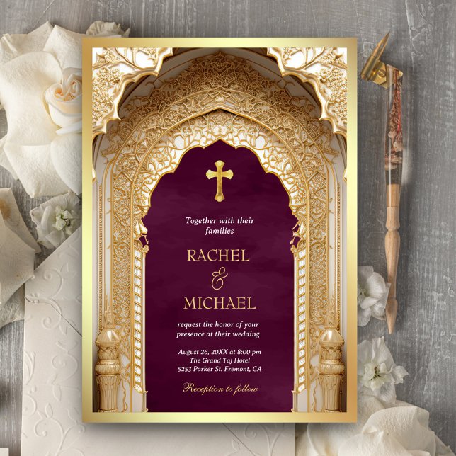 Invitation Royal Gold Arch Religieux Christian Plum Mariage (Créateur téléchargé)