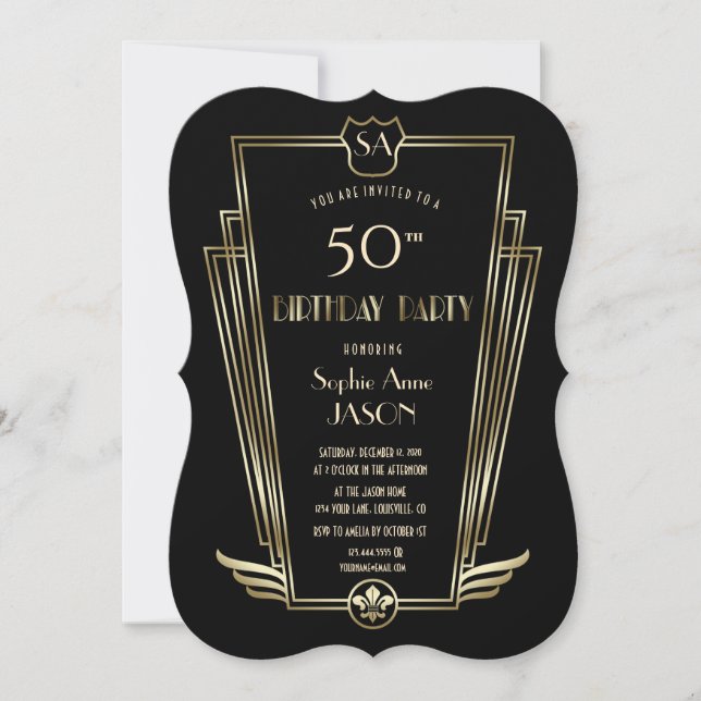 Invitation Royal Gold Art déco Monogramme fête d'anniversaire (Devant)