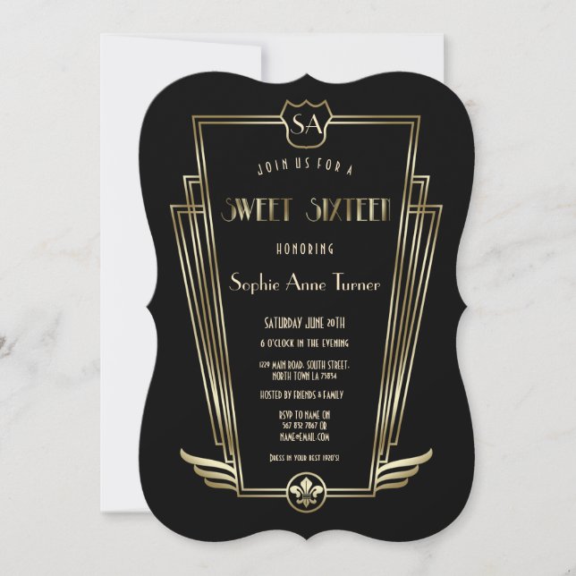 Invitation Royal Gold Art Déco Monogramme SWEET 16 (Devant)