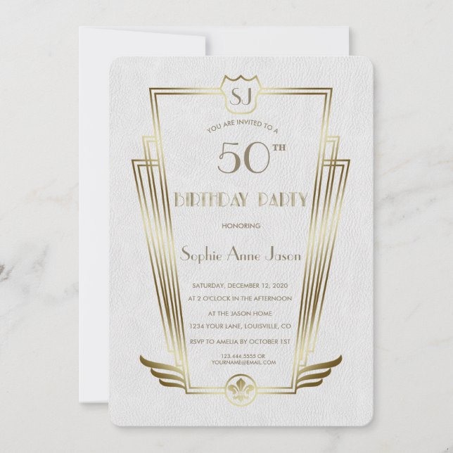 Invitation Royal Gold Art Déco Monogramme White Birday Party (Devant)