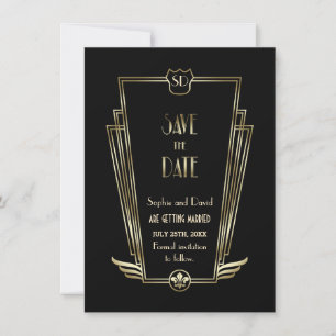 Invitation Royal Gold Black Art Deco Monogramme Enregistrer L