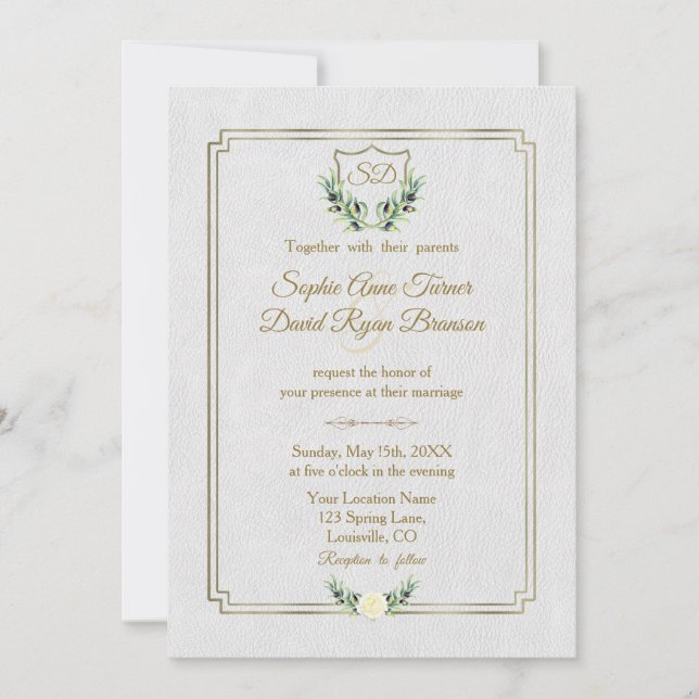 Invitation Royal Gold Crest Verdure luxuriante Monogramme Mar (Devant)
