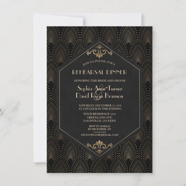 Invitation Royal Gold Great Gatsby Art Déco Dîner de répétiti (Devant)