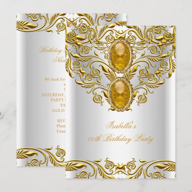 Invitation Royal Gold sur White Elegant Elite fête d'annivers (Devant / Derrière)