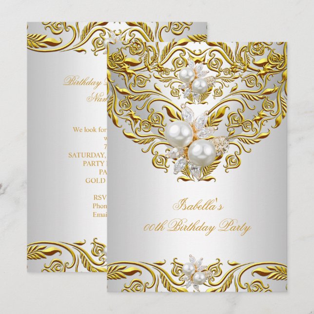 Invitation Royal Gold sur White Pearl Élégante fête d'anniver (Devant / Derrière)