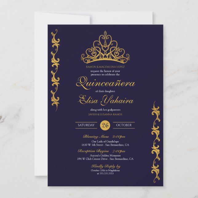 Invitation Royal Gold Tiara Couronne Elégante Marine Quinceañ (Devant)