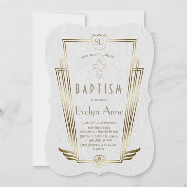 Invitation Royal Gold White Art Déco Monogramme Baptême (Devant)