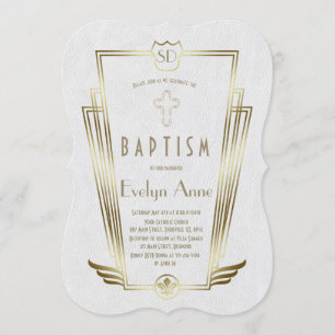 Invitation Royal Gold White Art Déco Monogramme Baptême