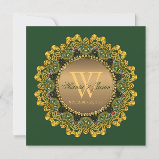 Invitation Royal Green et Gold Mandala Lace Mariage (Devant)