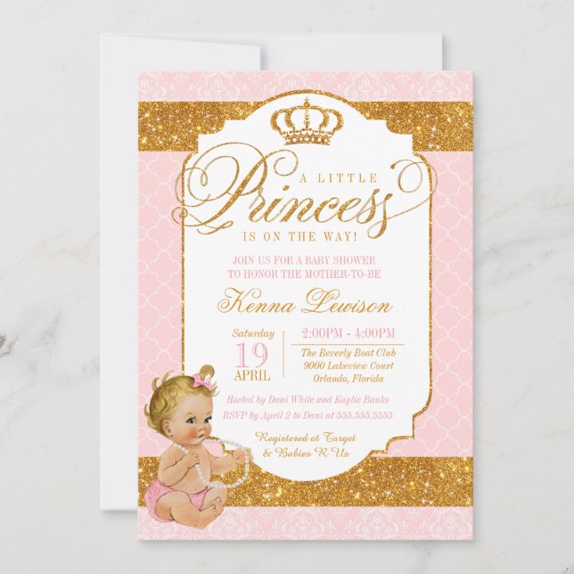 Invitation Royal Little Princess Baby shower rose et or (Devant)