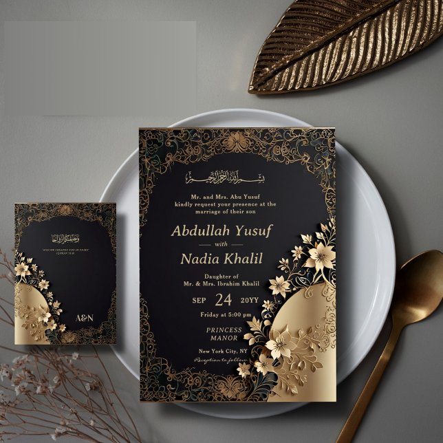 Invitation Royal & Luxural Golden Floral Mariage islamique (Créateur téléchargé)