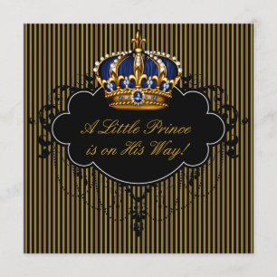 Invitation Royal Navy Blue Black Gold Prince Baby Boy Douche