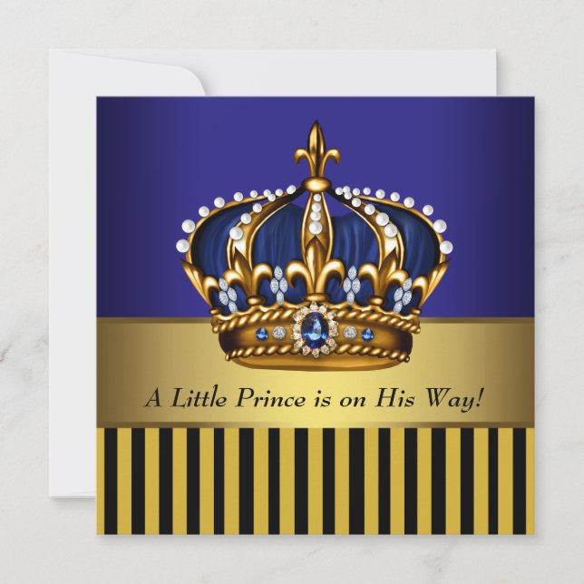 Invitation Royal Navy Blue Black Gold Prince Baby Boy Douche (Devant)