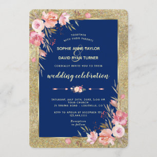 Invitation Royal Navy Blue Blush Peonies Gold Mariage