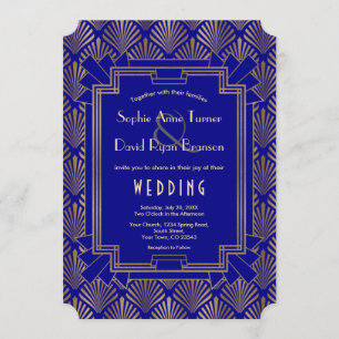 Invitation Royal Navy Blue Gold Great Gatsby Art Déco Mariage