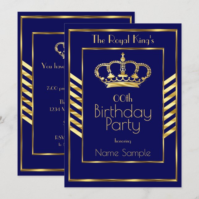 Invitation Royal Navy Blue King Man fête d'anniversaire Gold  (Devant / Derrière)