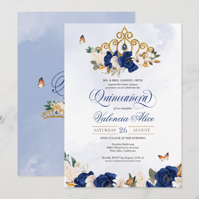Invitation Royal Navy Blue Roses Gold Tiara Butterfly Quince (Devant / Derrière)