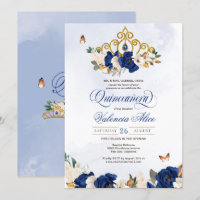 Royal Navy Blue Roses Gold Tiara Butterfly Quince