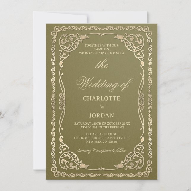 Invitation Royal Olive Green et Gold Mariage (Devant)