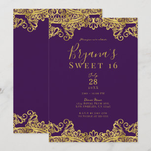 Invitation Royal Pourpre et Dentelle Dorée Élégante Fête Douz