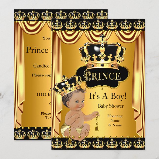 Invitation Royal Prince Baby shower Black Gold Brunette (Devant / Derrière)