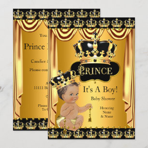 Invitation Royal Prince Baby shower Black Gold Brunette