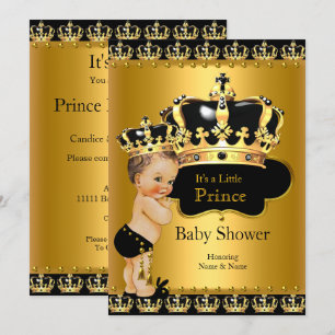 Invitation Royal Prince Baby shower Black Gold Brunette