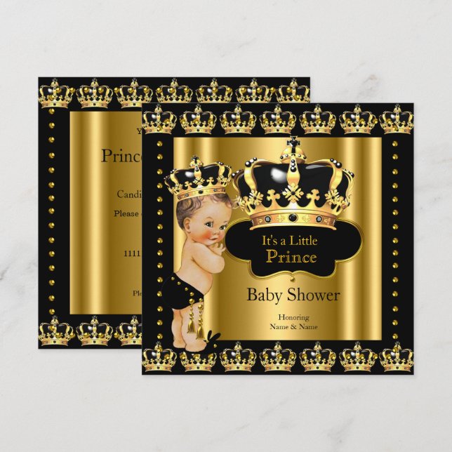 Invitation Royal Prince Baby shower Black Gold Crown (Devant / Derrière)