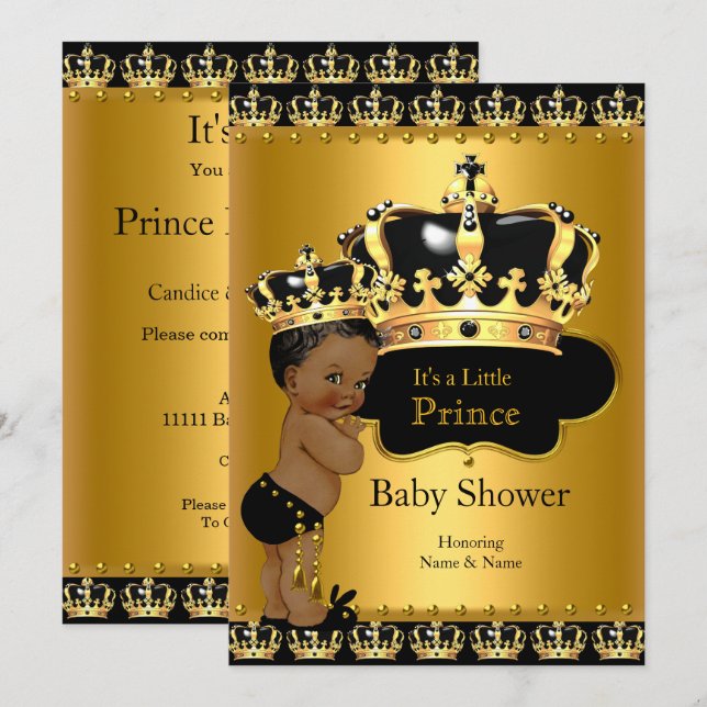 Invitation Royal Prince Baby shower Black Gold Ethnic (Devant / Derrière)