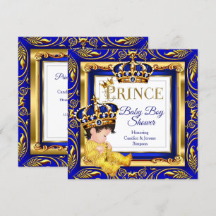Invitation Royal Prince Baby shower Blue Gold Brunette