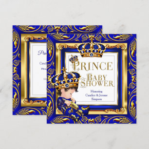 Invitation Royal Prince Baby shower Blue Gold Crown Brunette