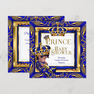 Invitation Royal Prince Baby shower Blue Gold Crown Ethnic