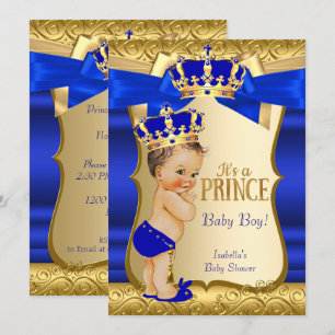 Invitation Royal Prince Baby shower Blue Gold Damask Brunette