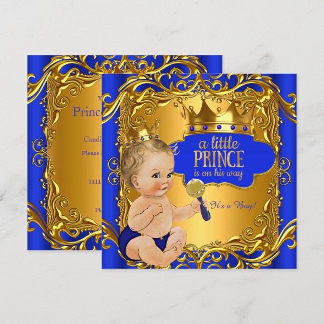 Invitation Royal Prince Baby shower Blue Gold Rattle Blonde (Devant / Derrière)