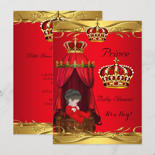 Invitation Royal Prince Baby shower Boy Regal Red Crown (Devant / Derrière)