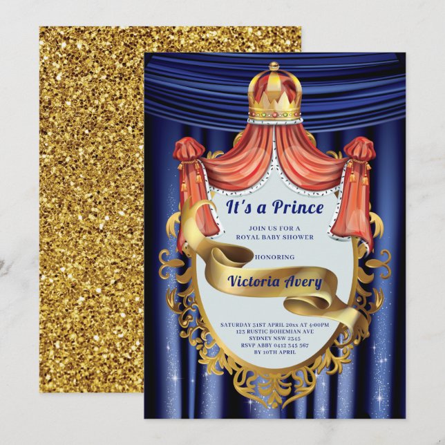 Invitation Royal Prince Blue Gold Baby shower (Devant / Derrière)