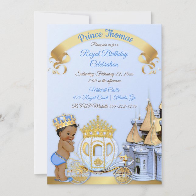 Invitation Royal Prince Castle Carriage Blue Gold Boy Photo (Devant)