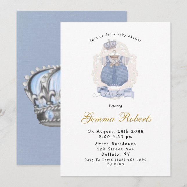 Invitation Royal Prince C'est un Baby shower garçon (Devant / Derrière)