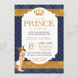 Invitation Royal Prince Navy Blue Gold Baby shower blanc