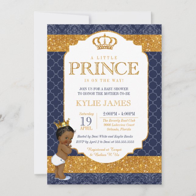 Invitation Royal Prince Navy Blue Gold Baby shower blanc 2 (Devant)